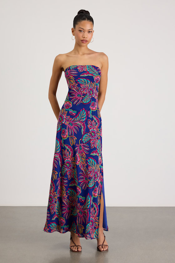 Sofia Blue Multi Boho Print Strapless Maxi Dress 1
