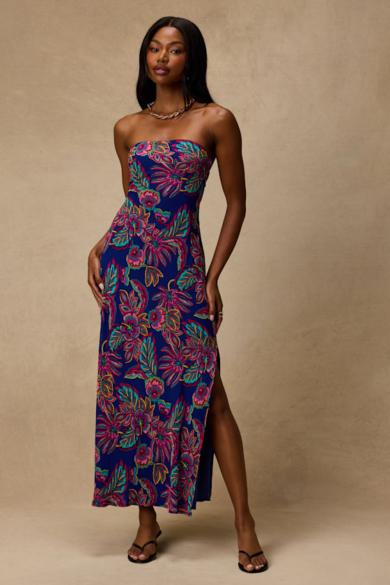Sofia Blue Multi Boho Print Strapless Maxi Dress 2