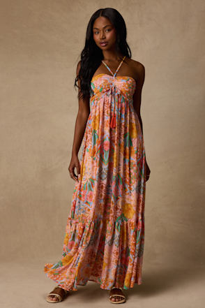 maxi boho chic dresses Pink Grace Bay Blush Multi Print Halter Dress | Womens | X-Small (Available in S, M, L) | 100% Polyester Size:36/30 Featuring a flattering V size_56r Free People satin slit-detail
