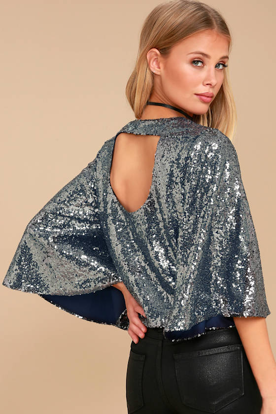 Captivate Navy Blue Sequin Crop Top 1