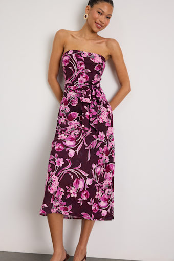 Fanna Dark Plum Floral Strapless Midi Dress 1