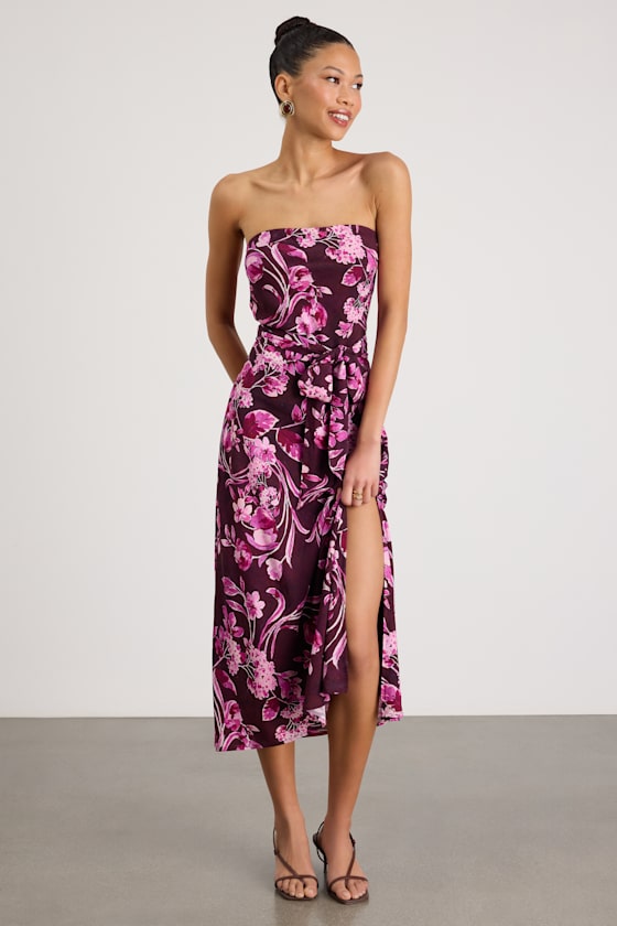Fanna Dark Plum Floral Strapless Midi Dress 2