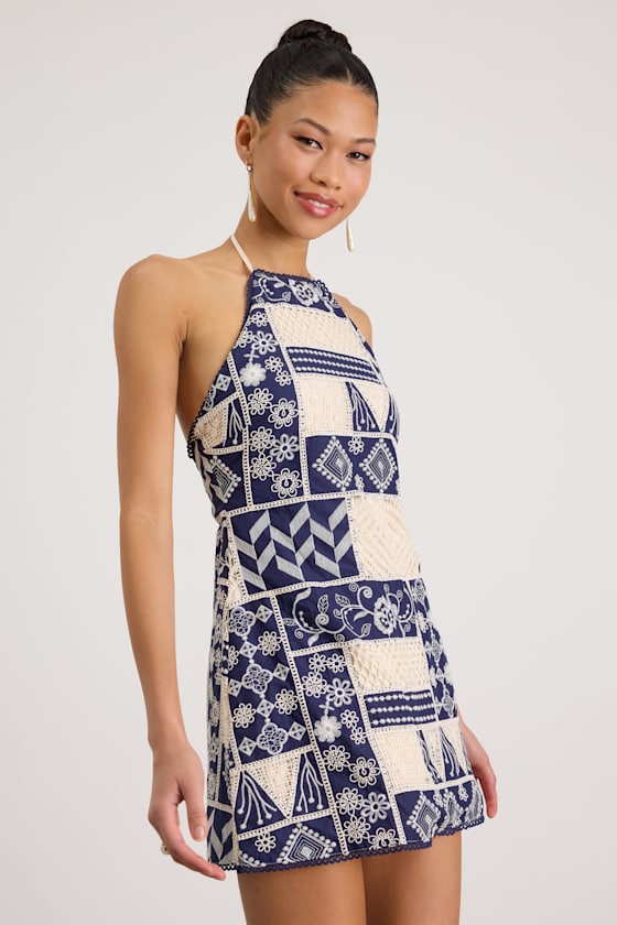 Daisy Navy and Cream Embroidered Halter Mini Dress 1