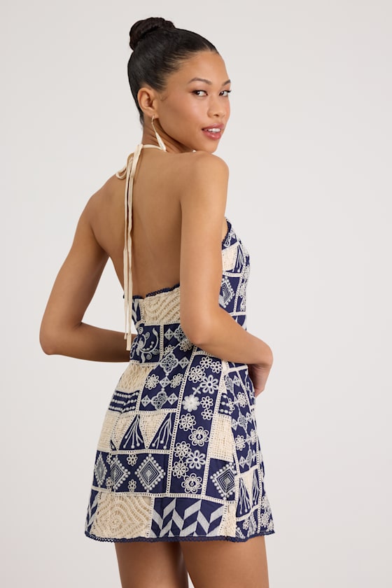 Daisy Navy and Cream Embroidered Halter Mini Dress 2