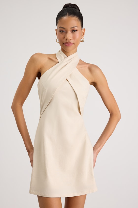 Alette Light Beige Cross-Front Halter Mini Dress 1
