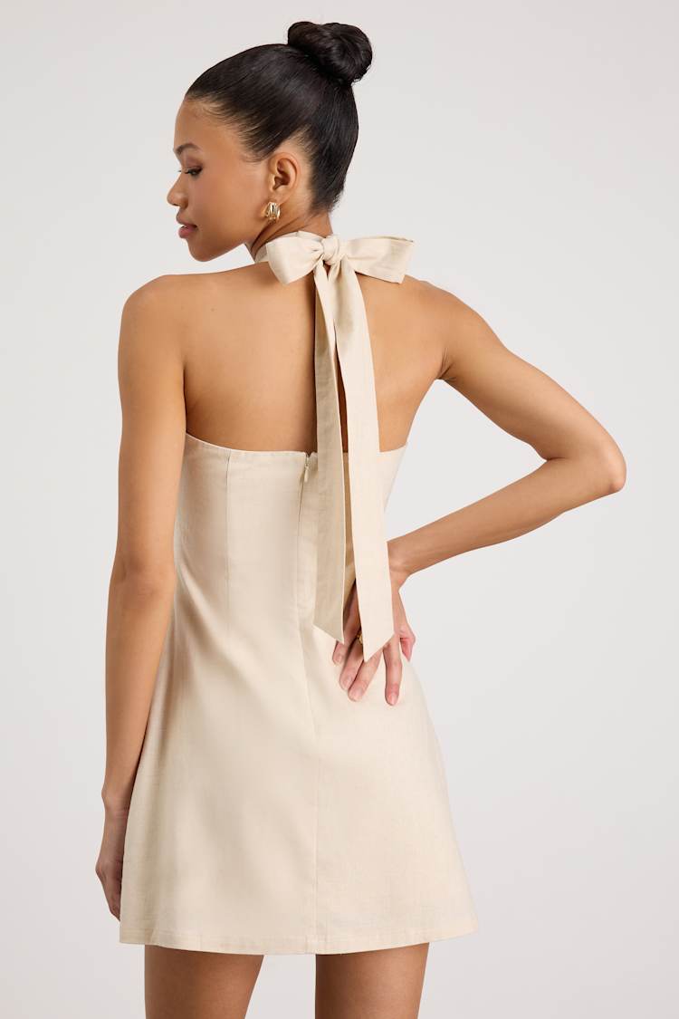 halter cross front mini dress Alette Light Beige Cross-Front Halter Mini Dress