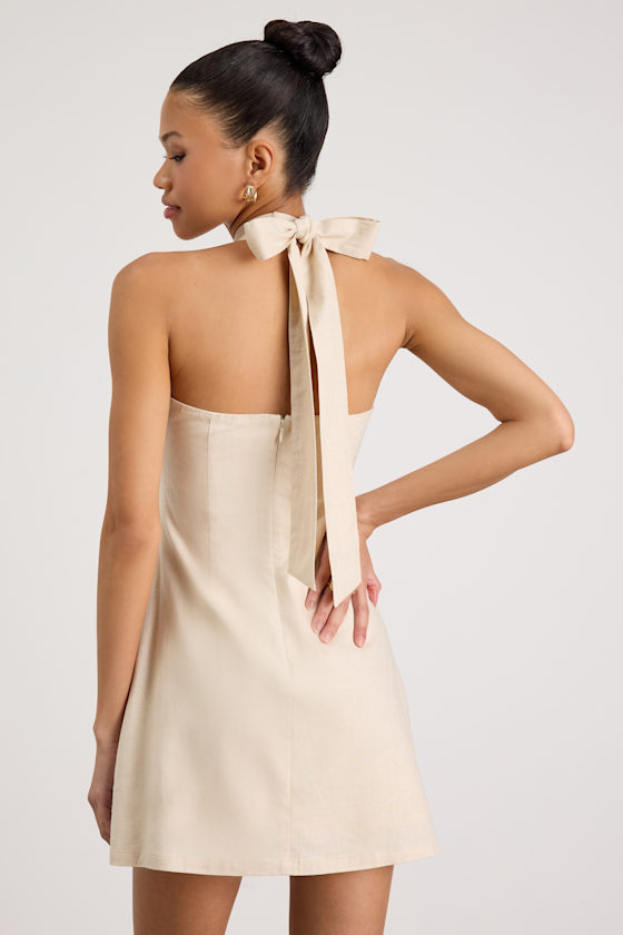 Alette Light Beige Cross-Front Halter Mini Dress 2