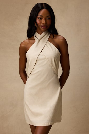 Alette Light Beige Cross-Front Halter Mini Dress 2