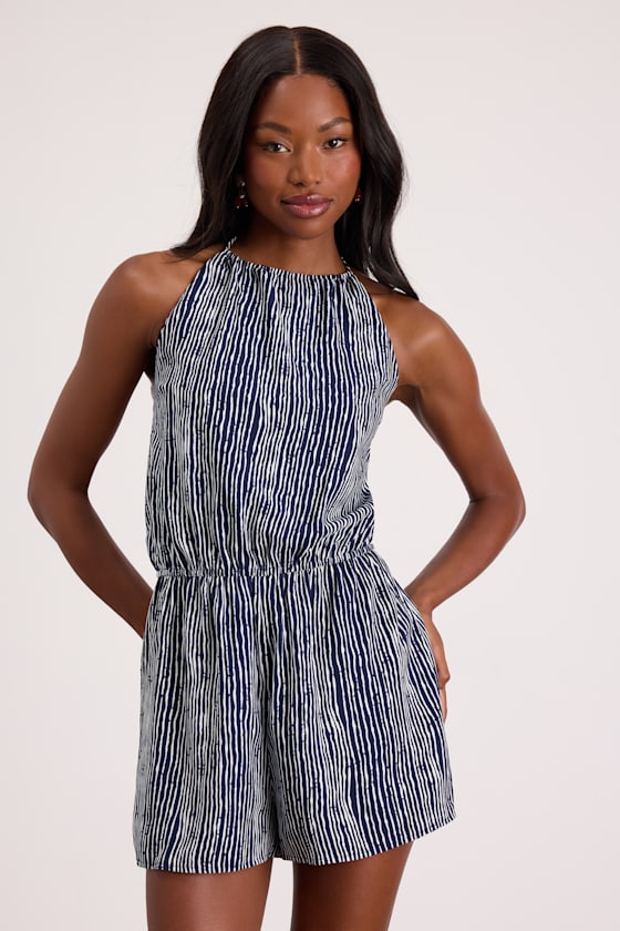 Amadora Navy Striped Halter Romper - thumbnail 5