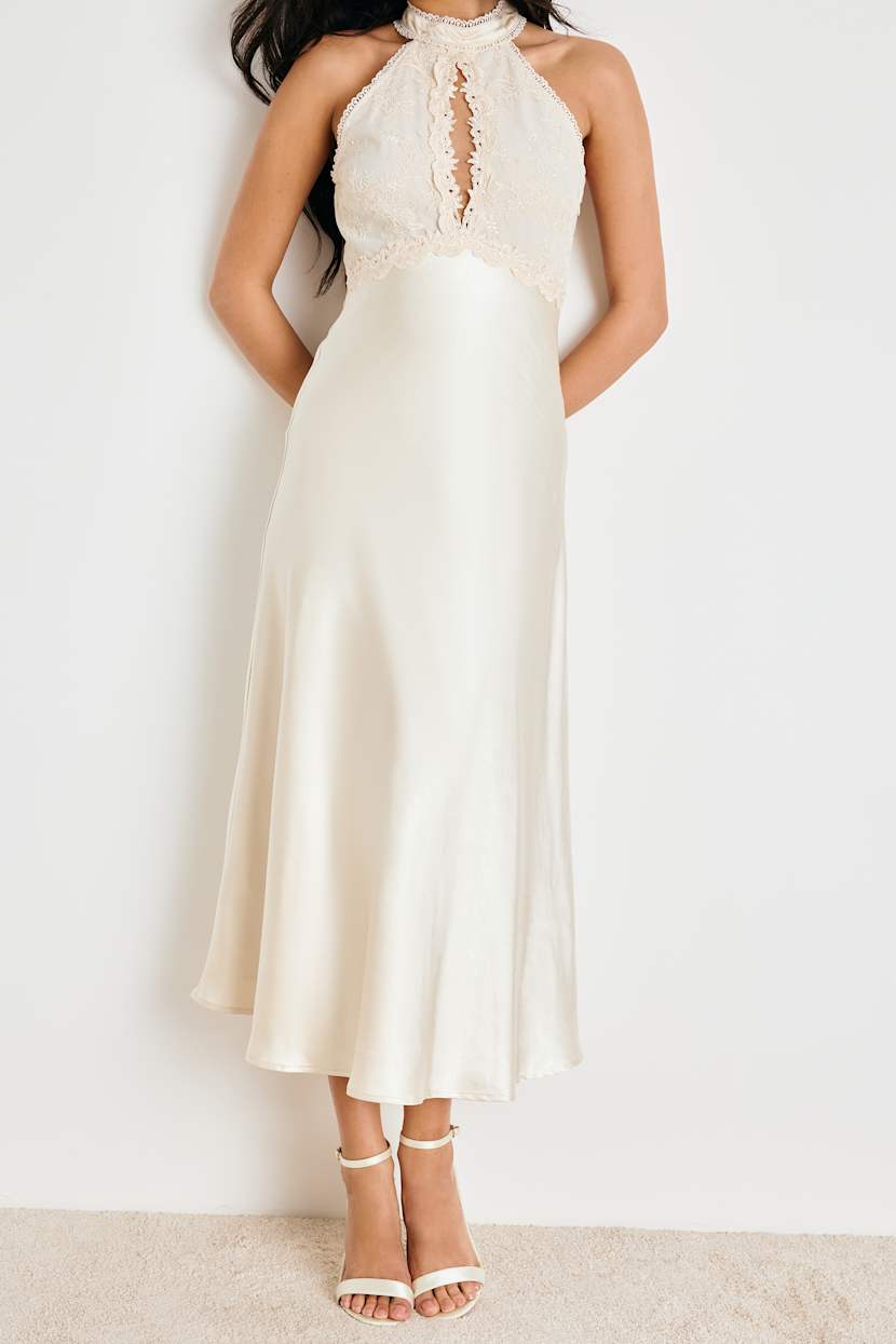 ivory silk dress midi Lulus | Satin Embroidered | Womens | Large (Available in XL) midi length with fixed