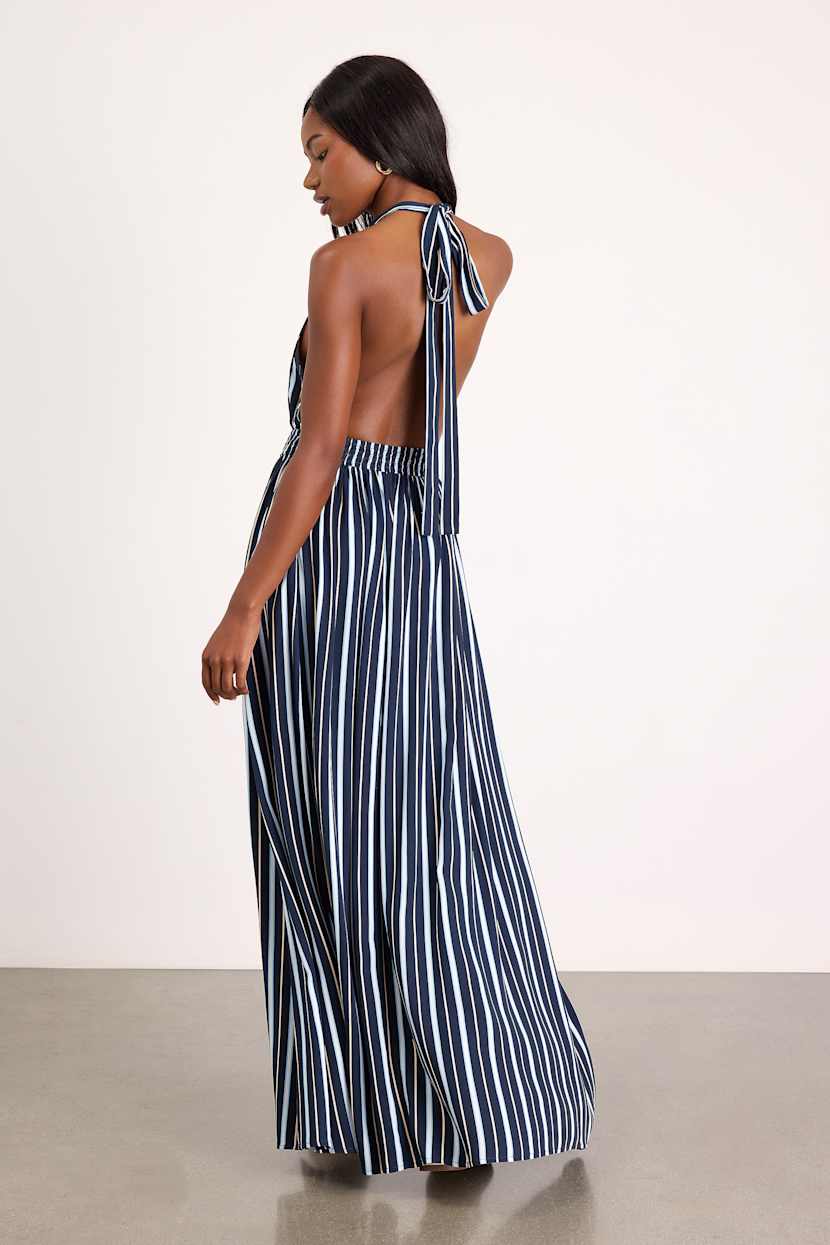 Lulus | Navy Striped Backless Maxi Dress | Womens | X-Small (Available in S, M, L, XL) | 100% Rayon