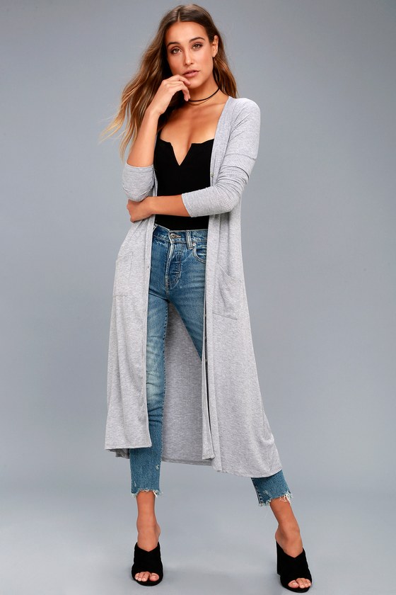 Heather Grey Cardigan Sweater - Longline Cardigan - Ribbed Duster - Lulus