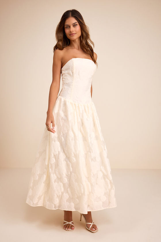 Image of Calen Cream Floral Jacquard Drop Waist Maxi Dress