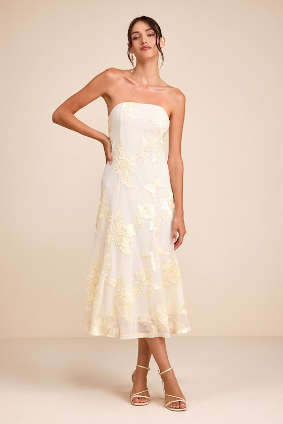 Taden Ivory Mesh Floral Applique Midi Dress 1