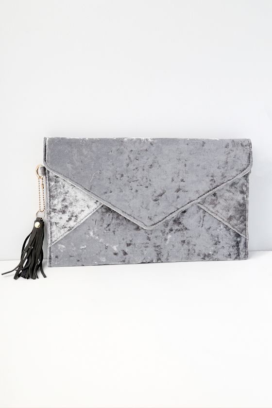 Trendy Velvet Clutch Grey Clutch Envelope Clutch Lulus