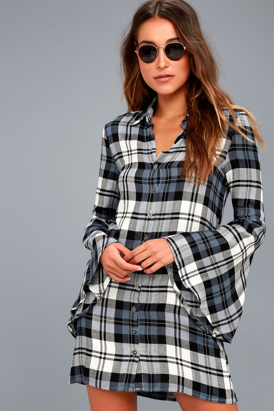 blue plaid shirt dress