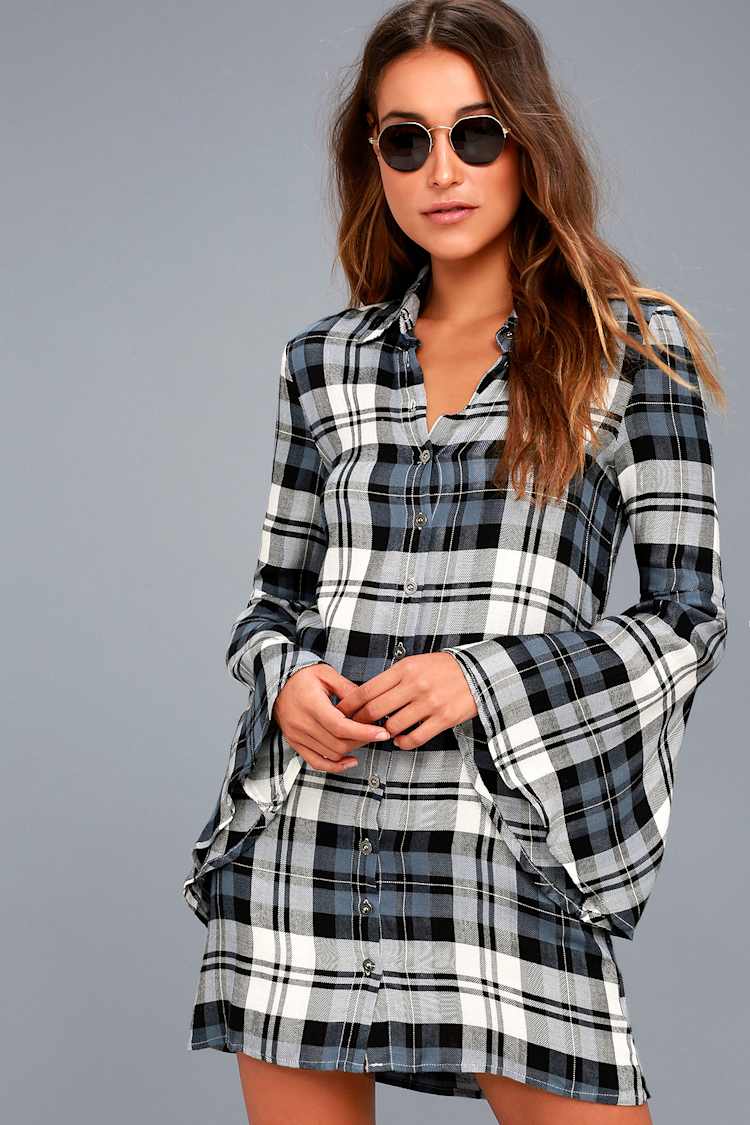 Cute White and Navy Blue Plaid Dress - Shirt Dress - Lulus