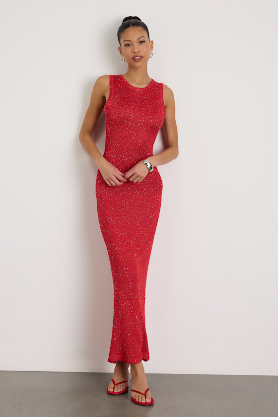 Jordi Red Sequin Crochet Knit Maxi Dress 1