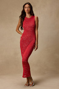 Jordi Red Sequin Crochet Knit Maxi Dress 2