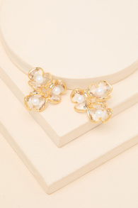 Lamina Gold Rhinestone Pearl Flower Earrings 1