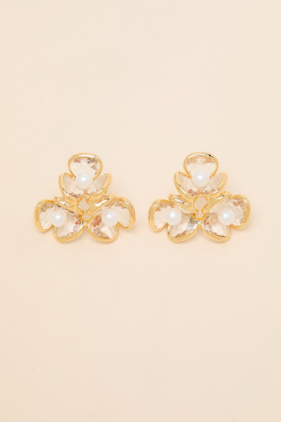 Gold Rhinestone Earrings - Floral Earrings - Bridal Earrings - Image 3