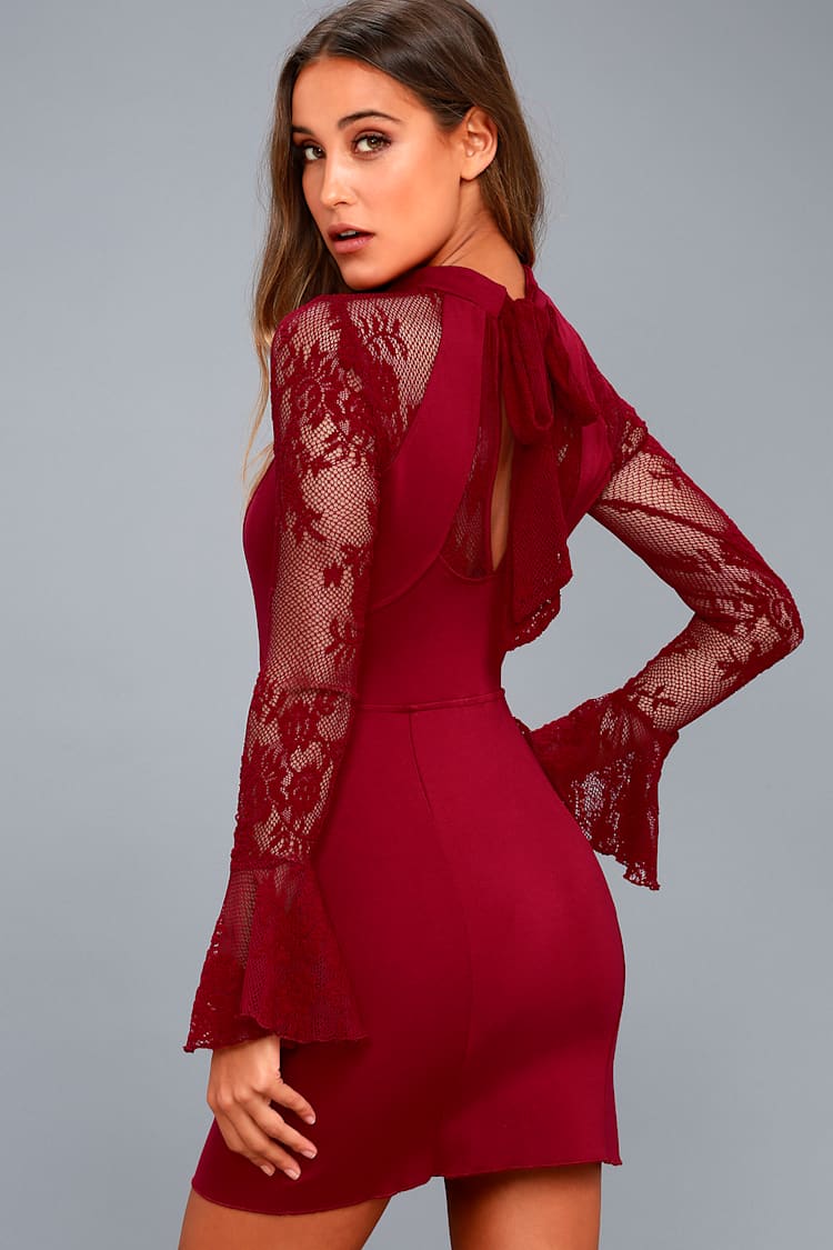 fitted lace wedding dress Red Bodycon Long Sleeve Lace Maxi Dress Red / L main image 0