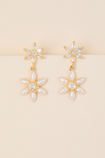 Ira Gold Rhinestone Pearl Flower Drop Earrings 1