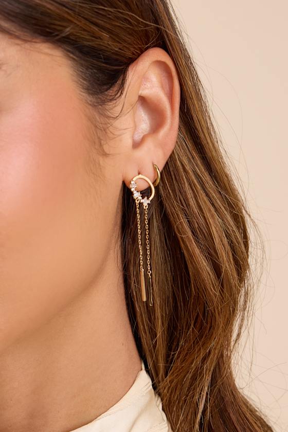 Clea 14KT Gold Rhinestone Chain Drop Earrings - thumbnail 4