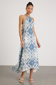 Hania White and Blue Boho Print Halter Midi Dress 1