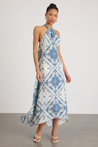 Hania White and Blue Boho Print Halter Midi Dress 1