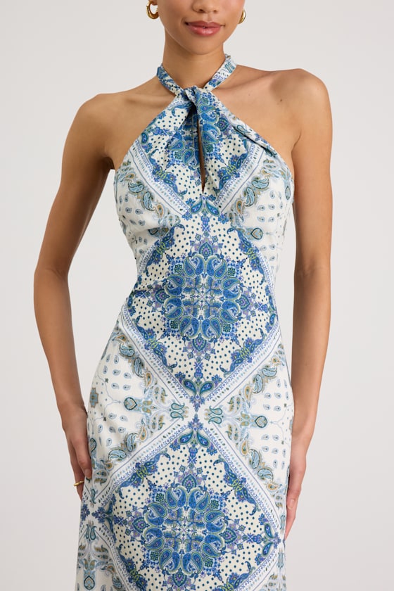 Hania White and Blue Boho Print Halter Midi Dress 2