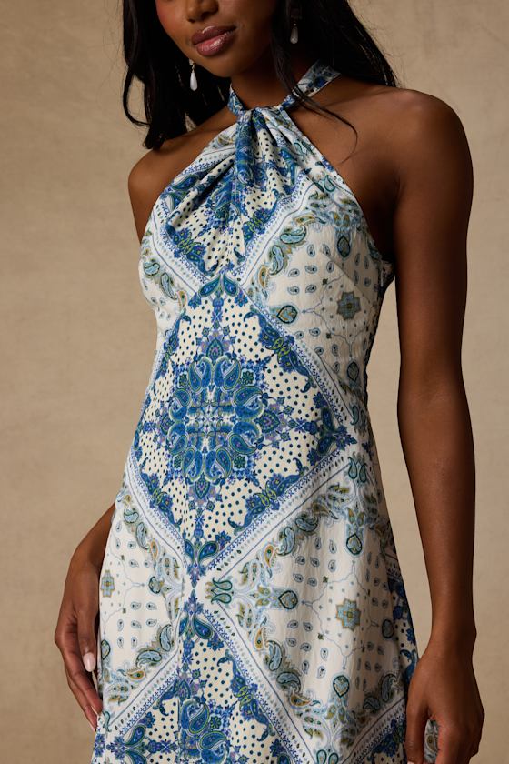 Hania White and Blue Boho Print Halter Midi Dress 3