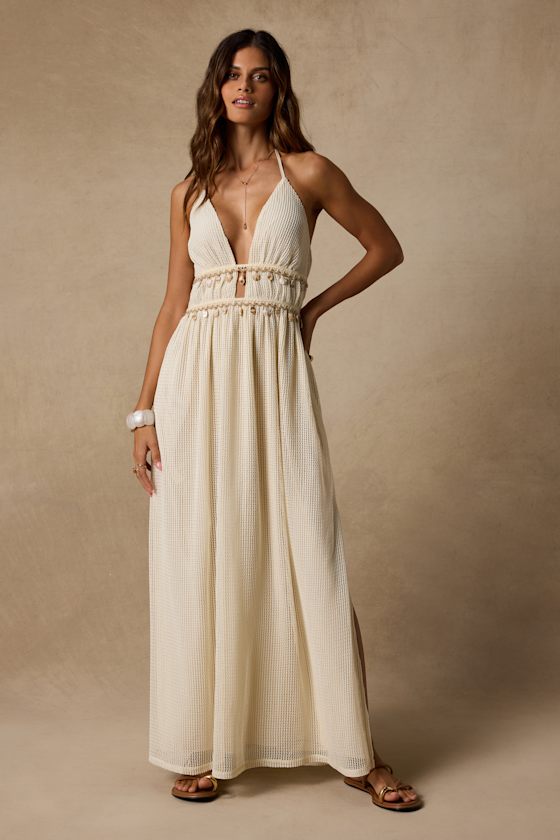 Alda Cream Crochet Knit Seashell Maxi Dress 2