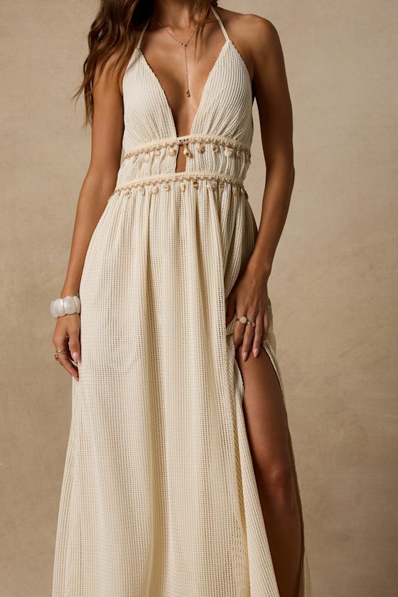 Cream Crochet Knit Dress - Halter Maxi Dress - Seashell Dress - Lulus