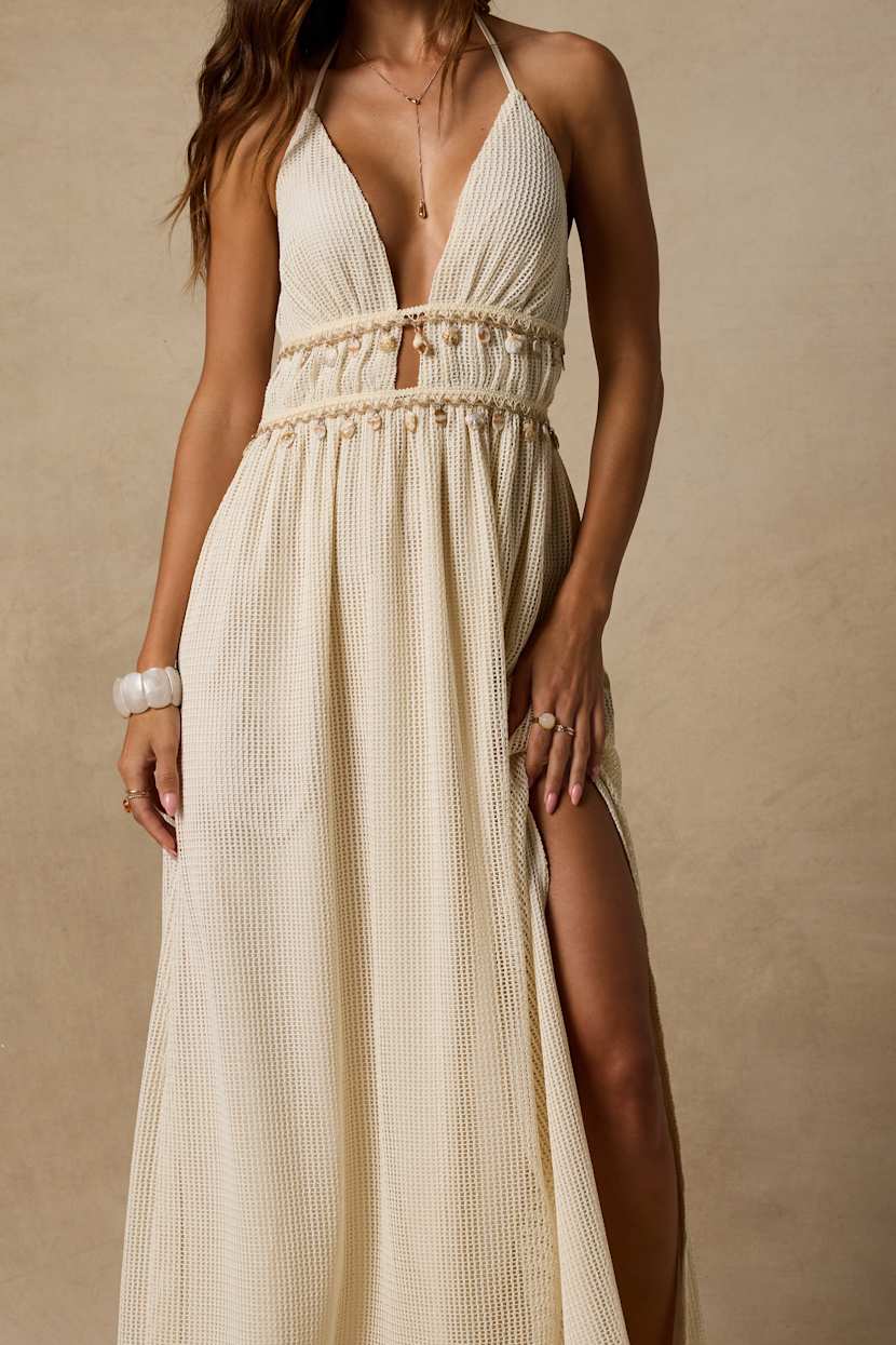 White Alda Cream Crochet Knit Seashell Maxi Dress | Womens | X-Small (Available in S, M, L, XL) | 100% Polyester | Lulus