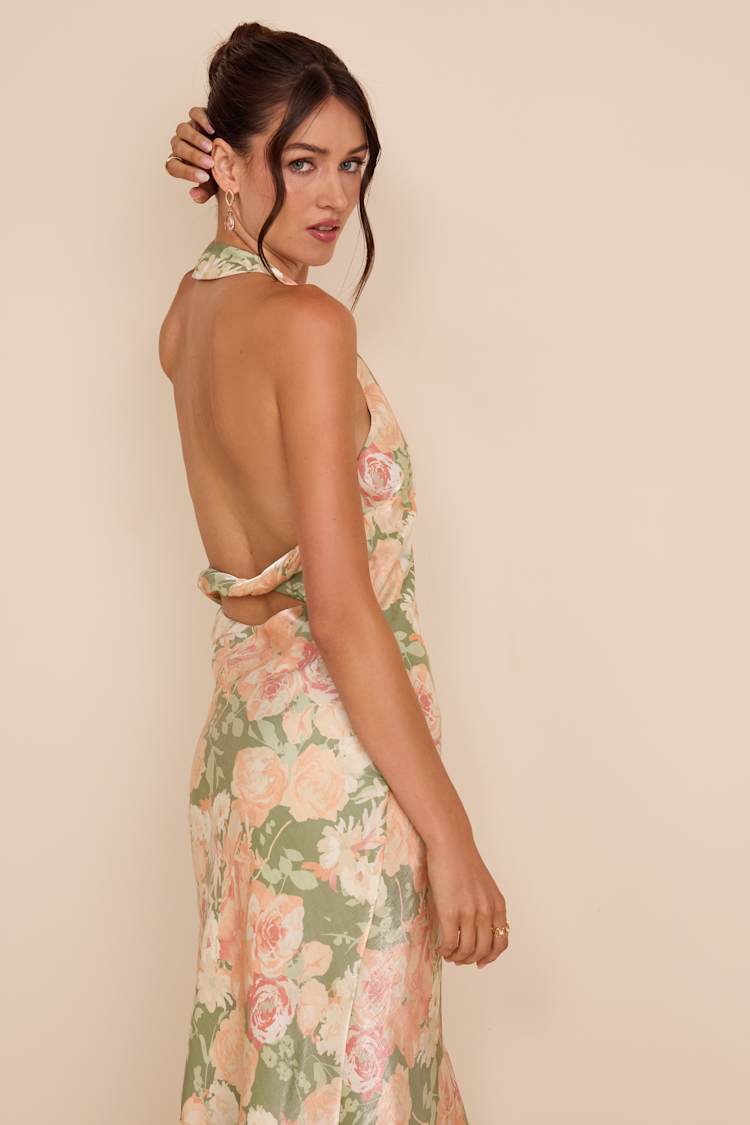 backless floral print dress Lulus | Green Belin Sage Multi Satin Midi | Womens | Large (Available in XS, S, M, XL) Fitted silhouette red 10 beautiful bridal bras Color:Green