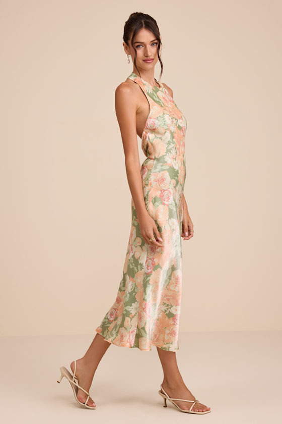 Belin Sage Multi Floral Satin Backless Midi Dress 5