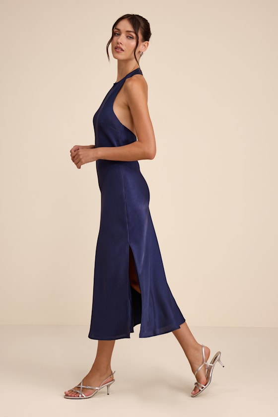 Belin Navy Satin Backless Midi Dress 2