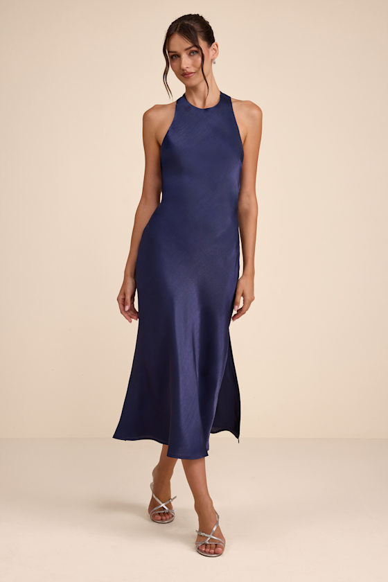 Belin Navy Satin Backless Midi Dress - thumbnail 5