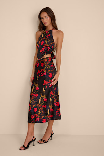 Jules Black Multi Floral Satin Two-Piece Midi Dress 1