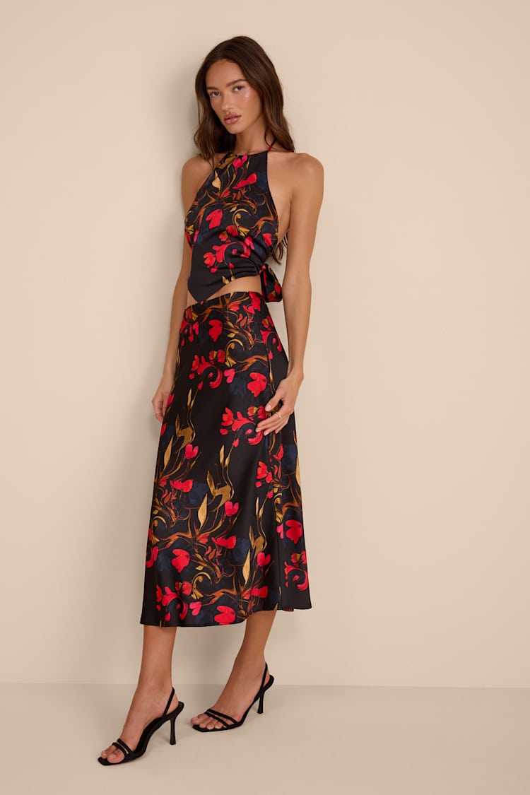 Jules Black Multi Floral Satin Two-Piece Midi Dress Jules Black Multi Floral Satin Two-Piece Midi Dress