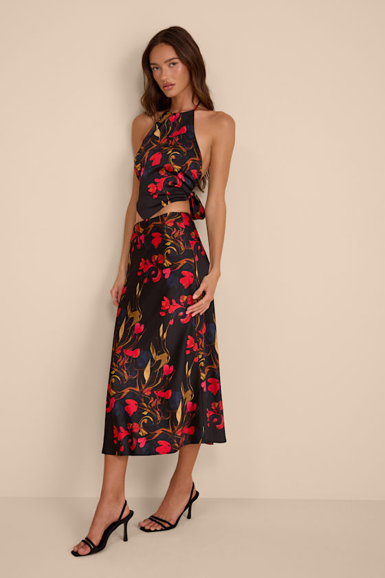Jules Black Multi Floral Satin Two-Piece Midi Dress 1