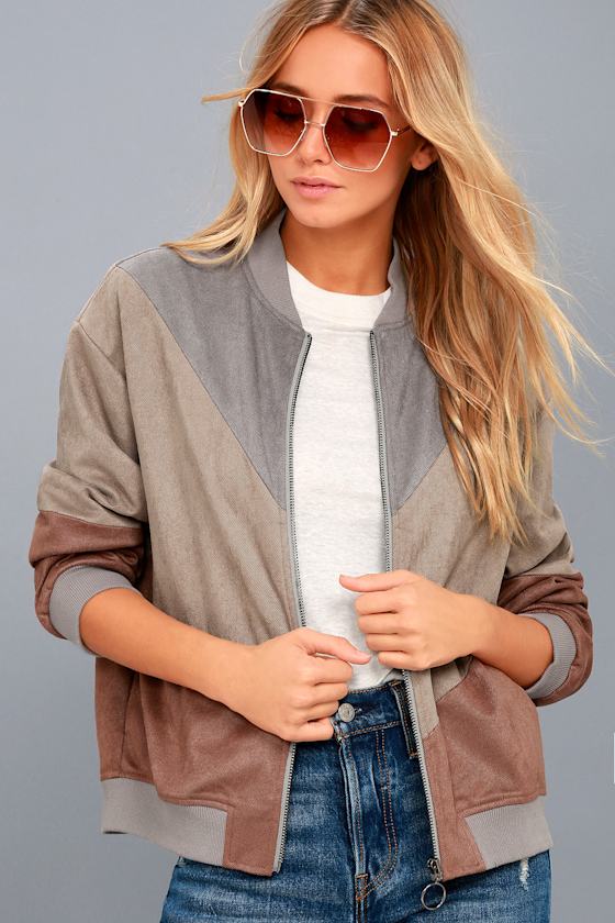 Trendy Taupe Jacket Bomber Jacket Color Block Jacket Lulus