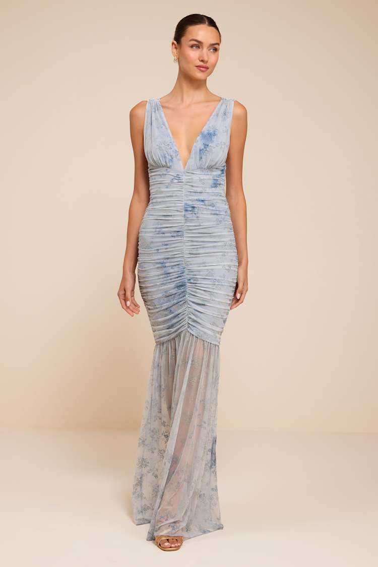 flower mesh maxi dress light blue Light Blue Floral Maxi Dress - Ruched Mesh Dress - Sheer Hem Maxi