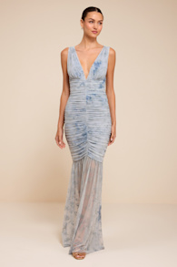 Jamie Light Blue Floral Mesh Sheer Hem Maxi Dress 1