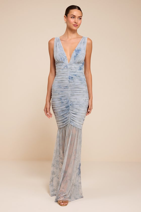 Jamie Light Blue Floral Mesh Sheer Hem Maxi Dress 1