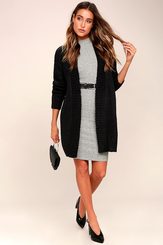 black dress grey cardigan