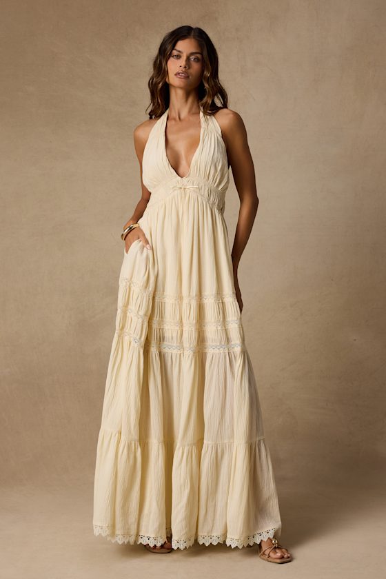 ワンピース YILON HALTER NECK TIERED MAXI DRESS Cream Tiered Dress - Halter Neck Maxi Dress - Backless Maxi Dress