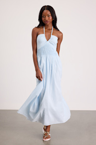 Kylene Light Blue Pleated Halter Maxi Dress 1