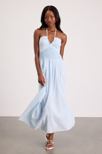 Kylene Light Blue Pleated Halter Maxi Dress 1